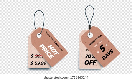 Realistic Carton Hanging Sale Tags. Set Of Isolated Vector Paper Sale Labels. Christmas Sale Tags. Vector Design Elements.
