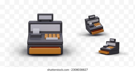 Realistic cartoon 3d cash machine. Calculator for counting money, issuing check. Tool for financier and accountant. Vector illustration in black and orange colors