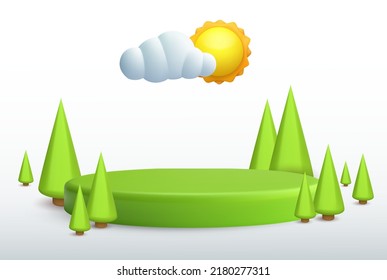 Realistic cartoon 3d summer nature composition in minimal cute style. Green ecology exhibition, podium, pedestal or island with trees. Cute template background composition. Vector illustration.