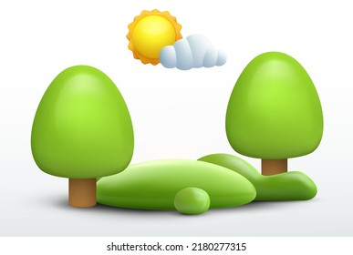 Realistic cartoon 3d summer nature composition in minimal cute style. Green ecology exhibition, podium, pedestal or island with trees. Cute template background composition. Vector illustration.