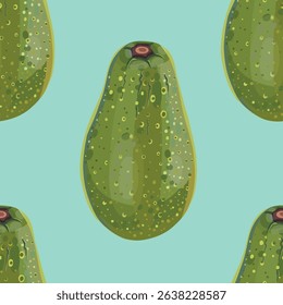 Realistic cartoon avocado fruit pattern on turquoise background