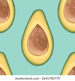 Realistic cartoon avocado fruit, avocado with pit pattern on turquoise background