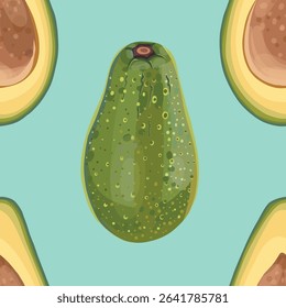 Realistic cartoon avocado fruit, avocado with pit pattern on turquoise background