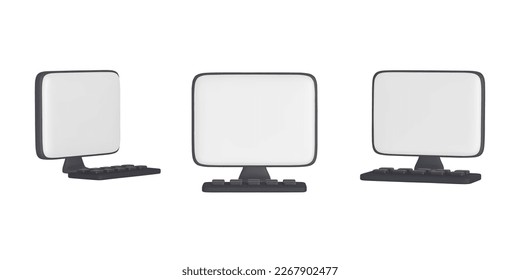 Computadora de dibujos animados realistas con parodia de teclado. Computadora de perspectiva, monitor se burla de diferentes ángulos vistas. Copias de colección de ordenadores 3d realistas. Plantilla para presentación. Vector 