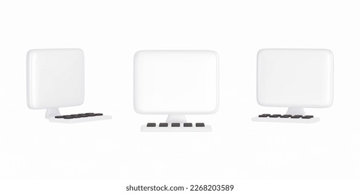Realistic cartoon computer with keyboard mockup .Perspective computer, monitor mock up different angles views. Collection mock-ups of 3d realistic computers. Template for presentation. Vector 
