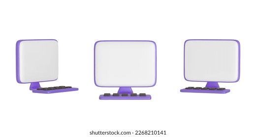 Realistic cartoon computer with keyboard mockup .Perspective computer, monitor mock up different angles views. Collection mock-ups of 3d realistic computers. Template for presentation. Vector 