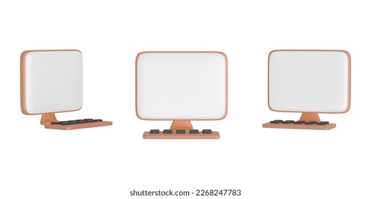 Realistic cartoon computer with keyboard mockup .Perspective computer, monitor mock up different angles views. Collection mock-ups of 3d realistic computers. Template for presentation. Vector 