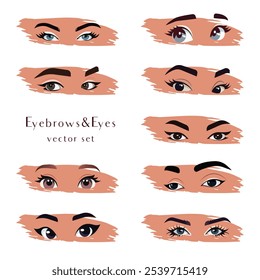 Realistic and cartoon female eyebrows and eyes from different angles and different emotions. Vector set.
