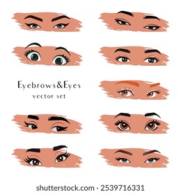 Realistic and cartoon female eyebrows and eyes from different angles and different emotions. Vector set.
