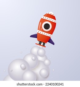 Realistic cartoon flying space rocket launch with smoke. Vector illustration.
