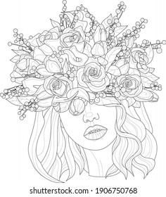 Realistic Cartoon Girl Character In Flower Crown Portrait Sketch Template. Young Woman Vector Illustration In Black And White For Games, Background, Pattern, Decor. Coloring Paper, Page, Story Book. 