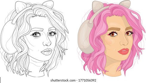 Realistic cartoon girl with pink hair and headphones, young woman character close up template set. Vector illustration in black and white for games, background, pattern, decor. Coloring paper, page