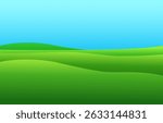 Realistic cartoon green fields, hills and meadows with a blue sky with clouds. 3d illustration for backgrounds, games, children’s sites. Summer sunny landscape, bright and colorful.