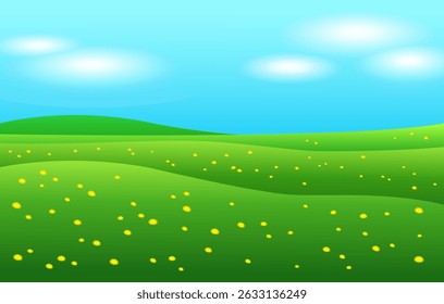 Realistic cartoon green fields, hills and meadows with a blue sky with clouds. 3d illustration for backgrounds, games, children’s sites. Summer sunny landscape with dandelions, bright and colorful.
