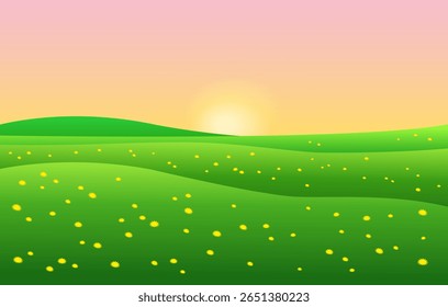 Realistic cartoon green fields, hills and meadows with a clear sunset sky. 3d illustration for backgrounds, games, children sites. Summer sunny landscape with dandelions, bright and colorful.
