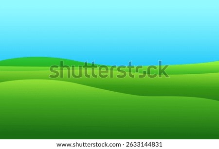 Realistic cartoon green fields, hills and meadows with a blue sky with clouds. 3d illustration for backgrounds, games, children’s sites. Summer sunny landscape, bright and colorful.