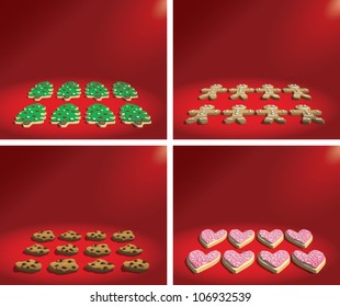 Realistic cartoon illustration of a batch of fresh baked holiday cookies spotlighted on a red background with plenty of copy space.