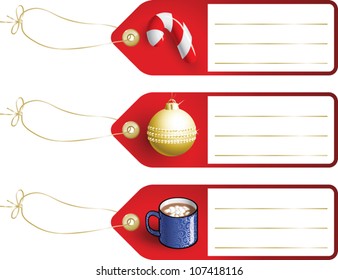 Realistic cartoon illustration of blank Christmas gift tags with various holiday-related items on them. Room for your own text.