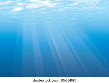 Realistic Cartoon Illustration Of An Empty Underwater Background Just Below The Water's Surface With Rays Of Light Shining Through The Water.