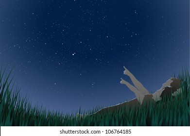 Realistic cartoon illustration of a father and daughter stargazing in a grassy field.