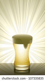 Realistic cartoon illustration of a glass of beer on a reflective surface with rays of light shining from behind it. Vertical composition with plenty of copy space.