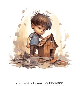 Realistic cartoon illustration of a little boy breaking a cardboard house