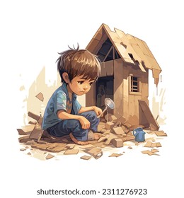 Realistic cartoon illustration of a little boy breaking a cardboard house