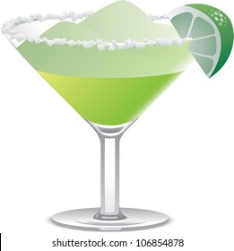 Realistic cartoon illustration of a margarita in a large martini glass, garnished with salt and a lime wedge, isolated on white.