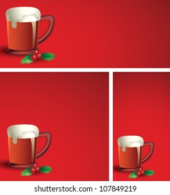 Realistic cartoon illustration of a mug of beer with a sprig of holly berries on a gradient red holiday background.