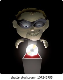 Realistic cartoon illustration of a professional thief about to steal a CD, which could represent stealing music, software, movies, or other data. Solid color background can be resized for copy space.