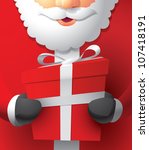 Realistic cartoon illustration of Santa Claus holding a wrapped Christmas gift.