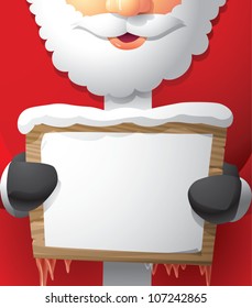 Realistic cartoon illustration of Santa Claus holding a wooden sign with a blank piece of paper pasted on it, leaving room for your own content.