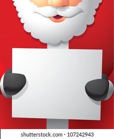 Realistic cartoon illustration of Santa Claus holding a blank white paper sign with plenty of room for your own content.