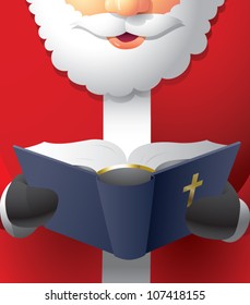 Realistic cartoon illustration of Santa Claus reading a bible.
