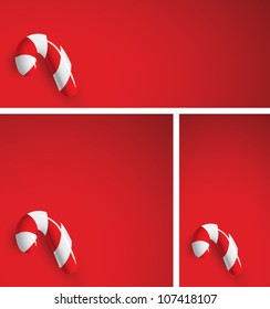 Realistic cartoon illustration of a small peppermint candy cane isolated on a gradient red background. Plenty of copy space.