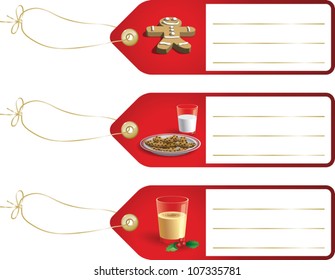 Realistic cartoon illustration of some Christmas gift tags featuring images of a gingerbread cookie, a plate of cookies and milk, and a glass of eggnog. Space is provided for your own text.