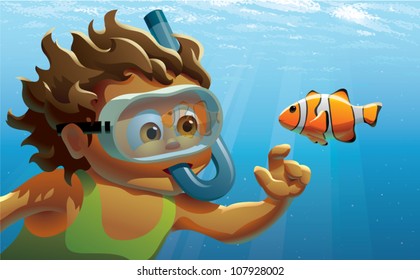 Realistic cartoon illustration of a young girl snorkeling and reaching out to touch a single clown fish, viewed underwater.