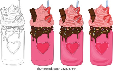 Realistic Cartoon Milkshake In A Heart Jar With Chocolate, Rainbow Sprinkles And Strawberry Template Set. Vector Illustration Sketch In Color And Black And White For Games, Wallpaper. Coloring Paper