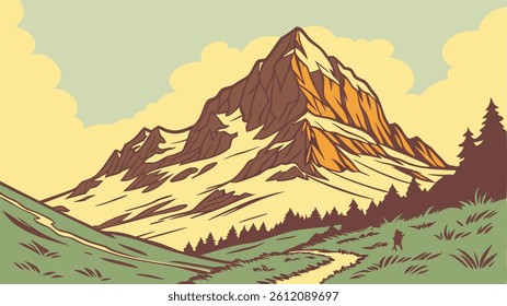 Realistic Cartoon Mountain Illustration in Vintage Style with Vibrant Colors and Stylized Edges
