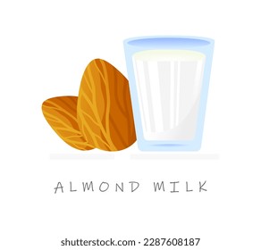 Realistic cartoon plant milk banner. Colorful almond milk vector illustration. Glass of milk and almond nuts icon isolated on white background.