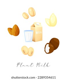 Realistic cartoon plant milk banner. Colorful different lactose free milk vector illustration. Glass, bottle and alternative milk variations icon isolated on white background.
