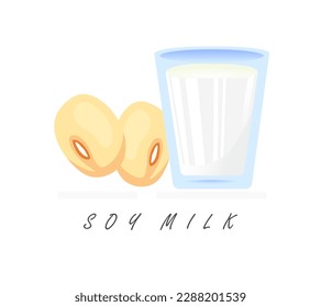 Realistic cartoon plant soyamilk banner. Colorful soy milk vector illustration. Glass of milk and soy beans icon isolated on white background.