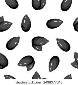 Realistic cartoon seamless pattern with black sesame seeds. Colorful vector package illustration. Simple print isolated on white background.