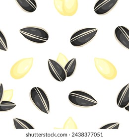 Realistic cartoon seamless pattern with black sunflower seeds. Colorful vector snack package illustration. Simple food print isolated on white background.