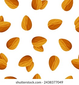 Realistic cartoon seamless pattern with roasted almond seeds. Colorful vector package illustration. Simple print isolated on white background.