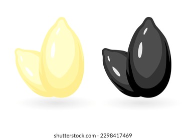 Juego de iconos de semilla de sésamo de caricatura realista. Ilustración vectorial colorida con sésamo blanco y negro aislado sobre fondo blanco.