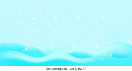 Realistic cartoon snow hills with falling snowflakes and blue sky background. Winter wide landscape design element with blue snow. Minimal nature composition with snowy fields and falling snow