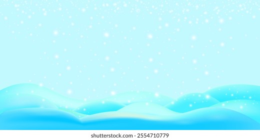 Realistic cartoon snow hills with falling snowflakes and blue sky background. Winter wide landscape design element with blue snow. Minimal nature composition with snowy fields and falling snow