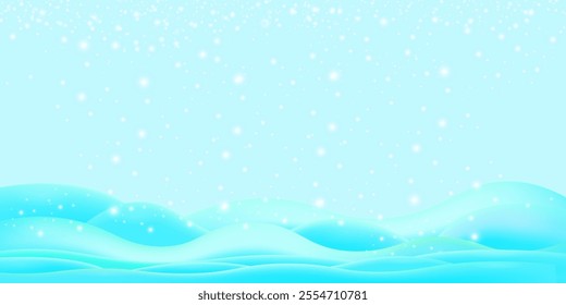 Realistic cartoon snow hills with falling snowflakes and blue sky background. Winter wide landscape design element with blue snow. Minimal nature composition with snowy fields and falling snow