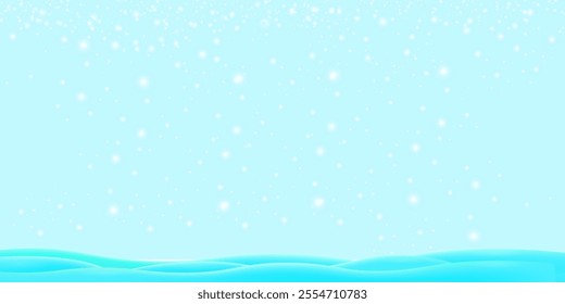 Realistic cartoon snow hills with falling snowflakes and blue sky background. Winter wide landscape design element with blue snow. Minimal nature composition with snowy fields and falling snow